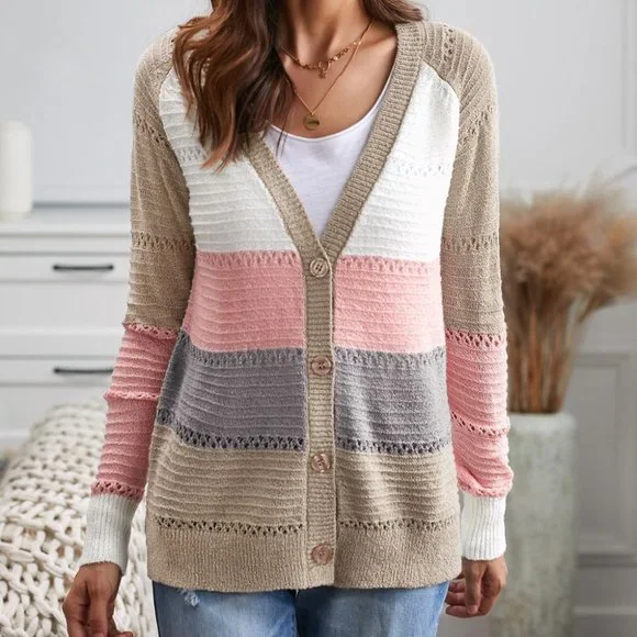 Multicolor V-neck Color Block Button Closure Eyelet Cardigan - Picture 4 of 8